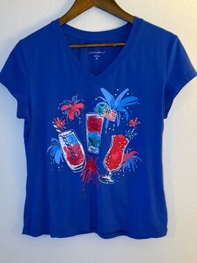 Casey Key Royal Blue V-Neck Tee with Patriotic Drink Graphic